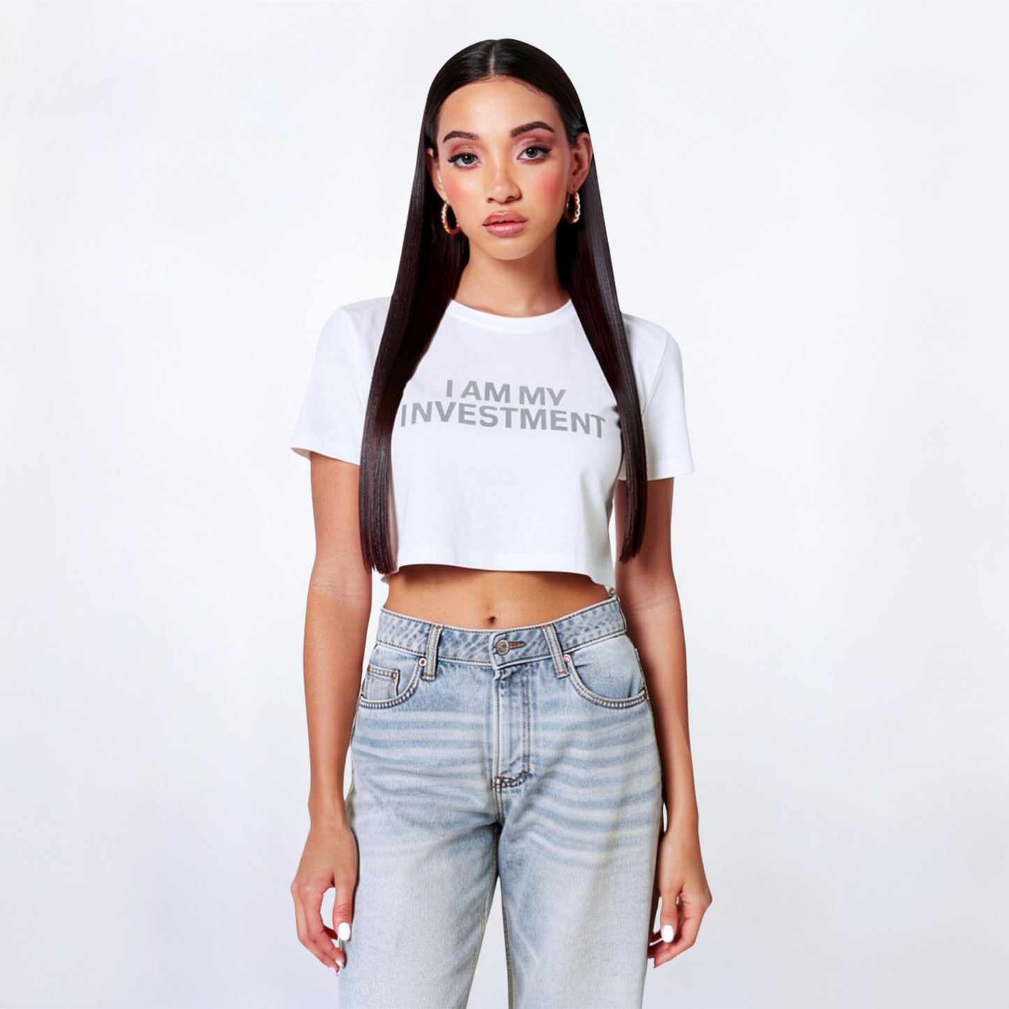 I Am My Investment White/Grey Crop Top